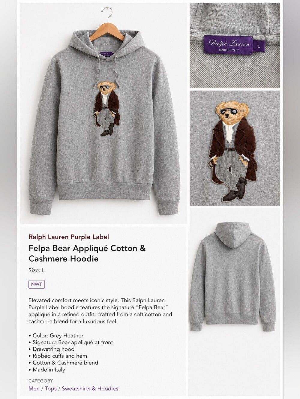 Ralph Lauren Purple Label Felpa Bear Appliqué Cotton & Cashmere Hoodie Size Larg - Picture 2 of 16